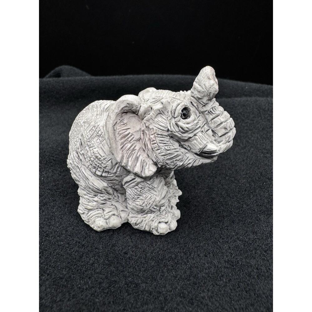 Vintage Stone Critters Littles Elephant Figurine Grey Resin Trunk Up